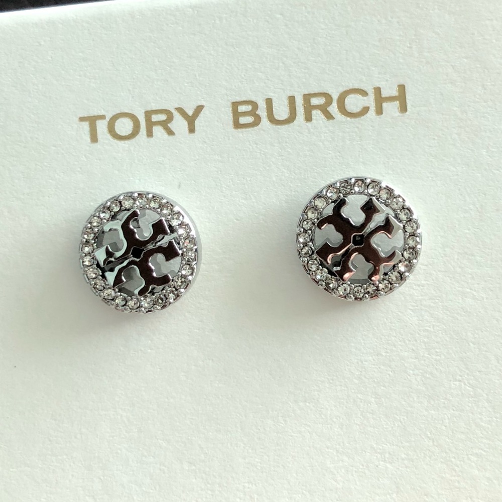 Tory Burch Crystal Logo Circle Stud Earrings - Picture 6 of 6